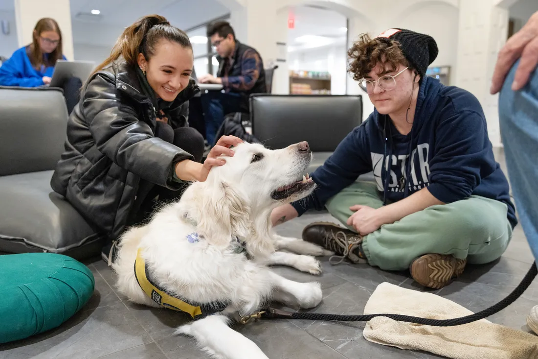 Students with pet therapy dog outside at the Barnes Center.