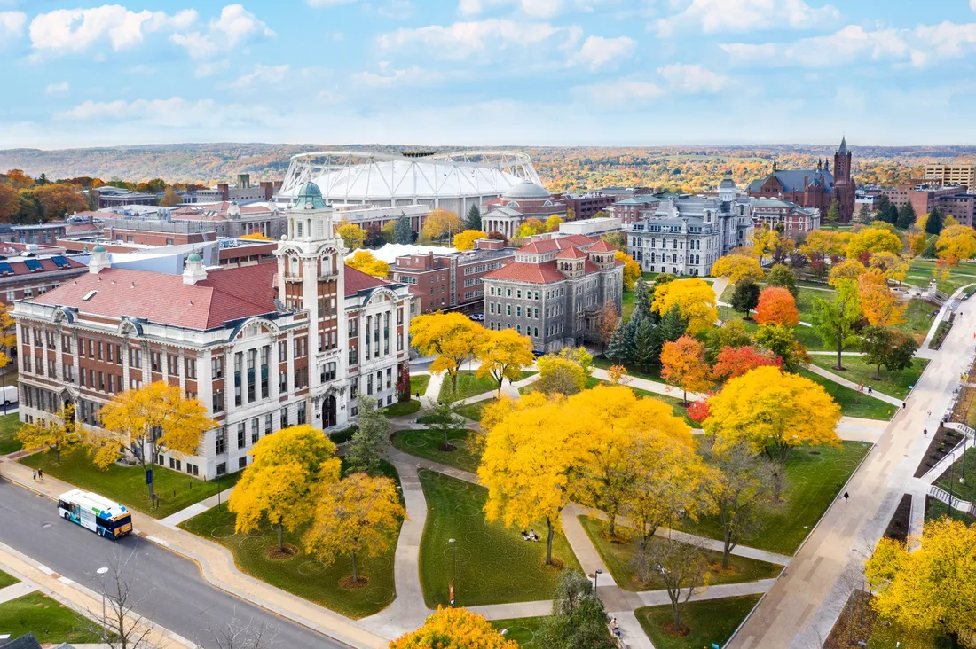 View of campus from above, with fall foliage.