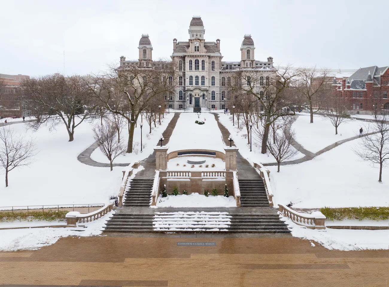 Overhead photo of campus features the Hall of Languages.