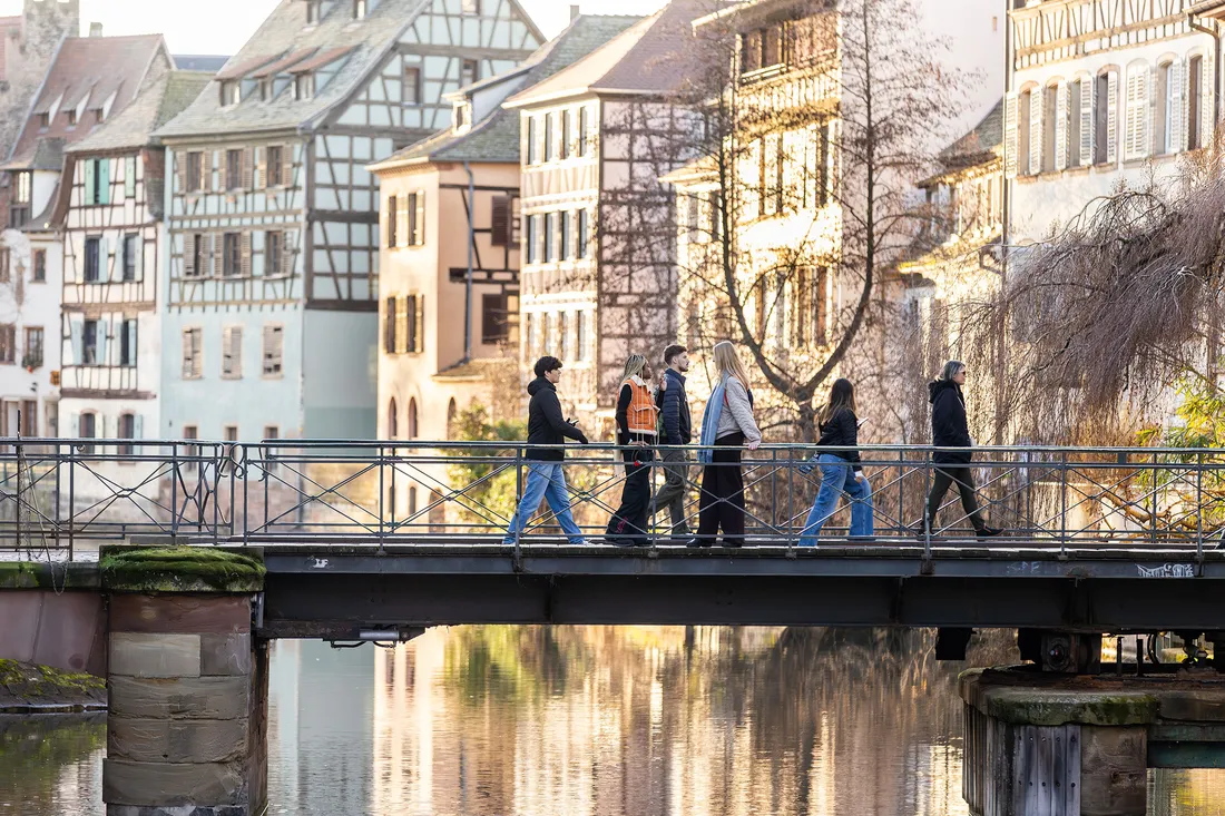 Students on a walking tour in Strasbourg learning about La Petite France