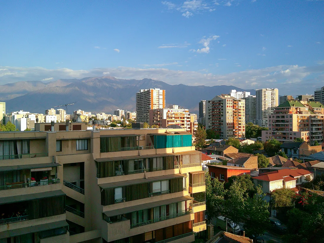 Skyline view of Santiago, Chile with the Ande Mountains.