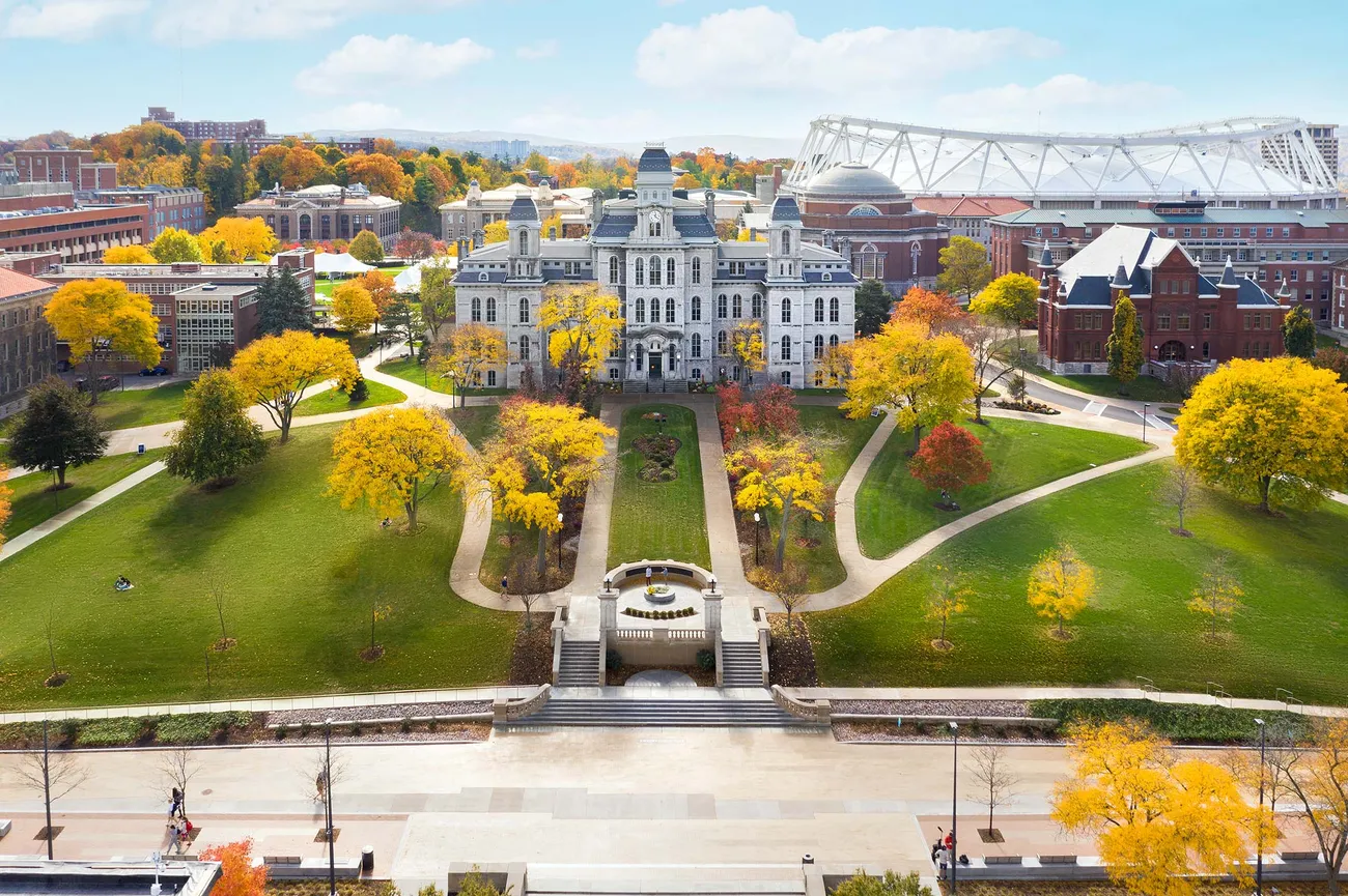 Overhead photo of campus features the Hall of Languages.