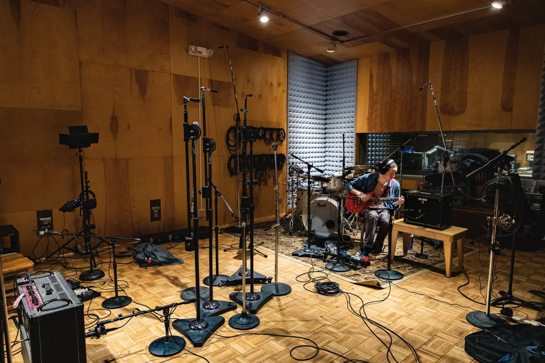 Inside of a recording booth in the Setnor School of Music.