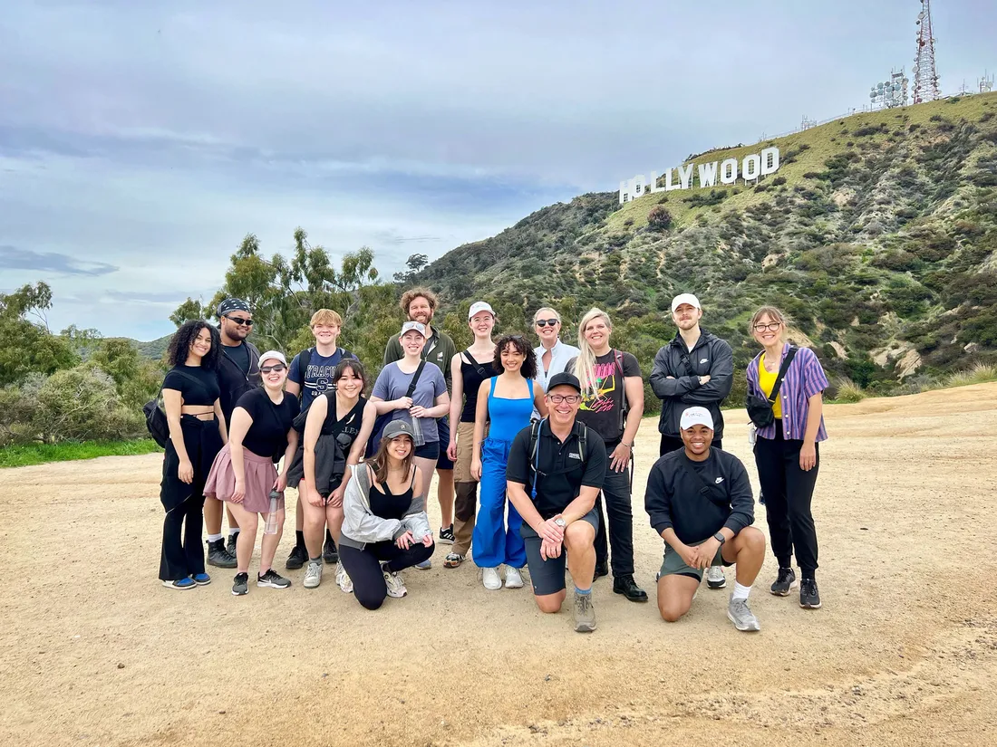 Professor Tim Hooten and students hiking near the Hollywood sign is Los Angeles, California.