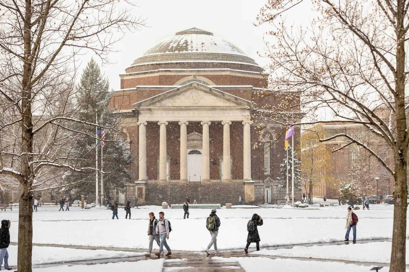 Exterior of Hendricks Chapel while snow falls.