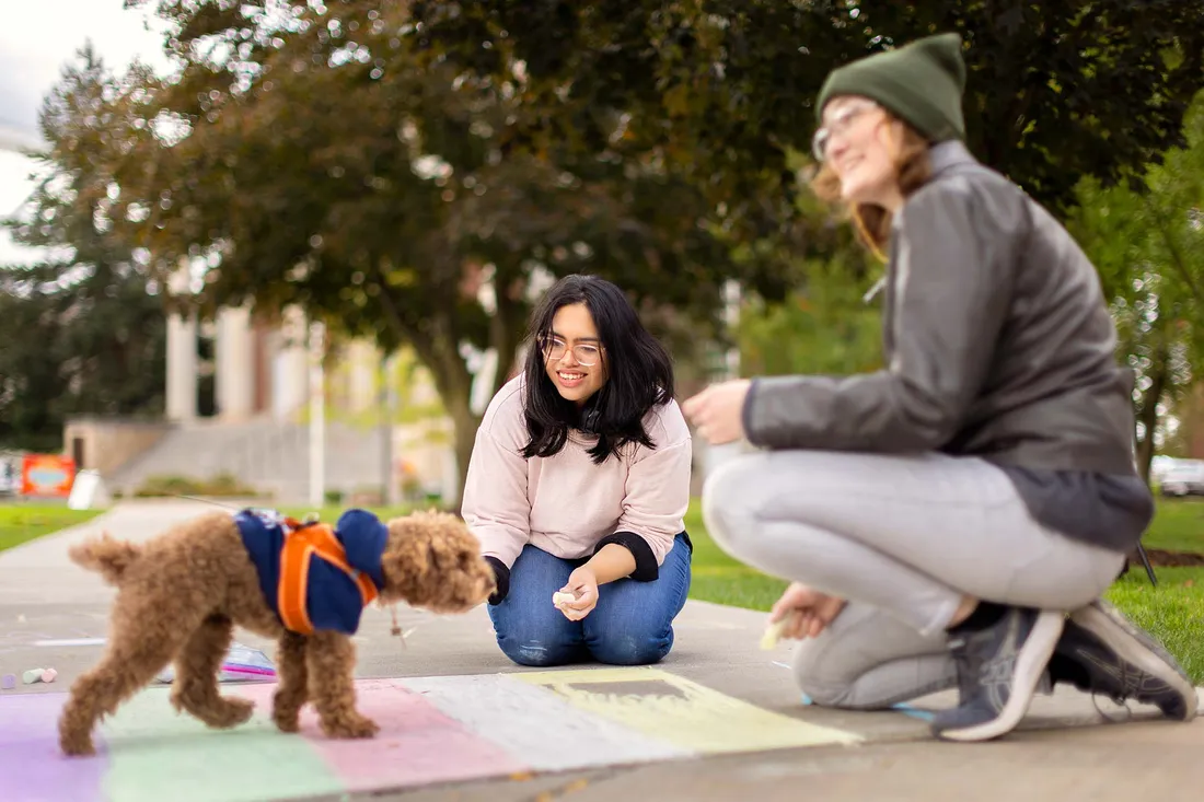 People playing with a puppy.