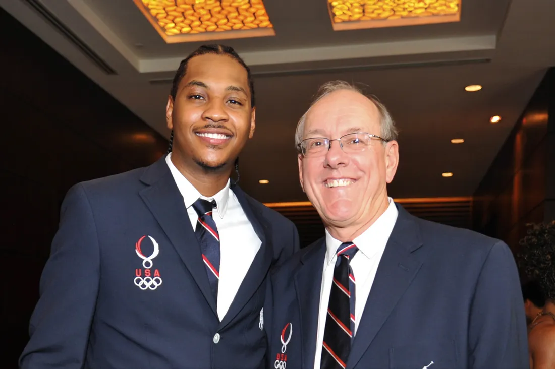 Carmello Anthony and Jim Boeheim ’66, G’73, H’24 smiling for a photo together.