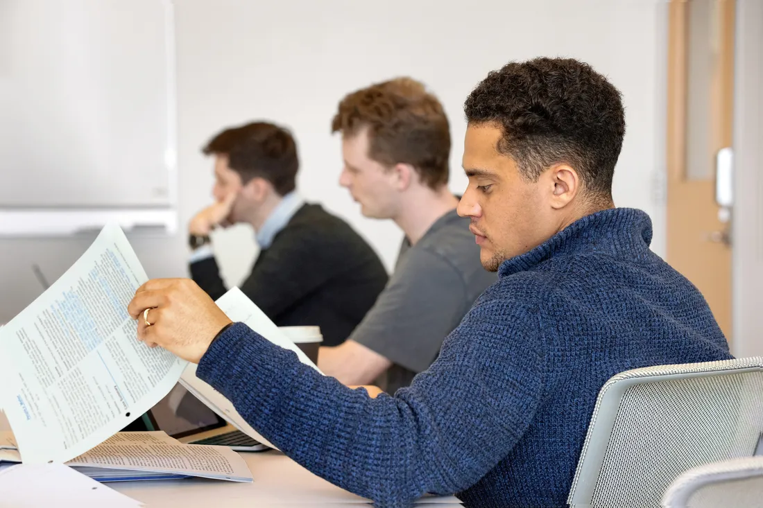 Law student Luis Weierbach in class at Dineen Hall.