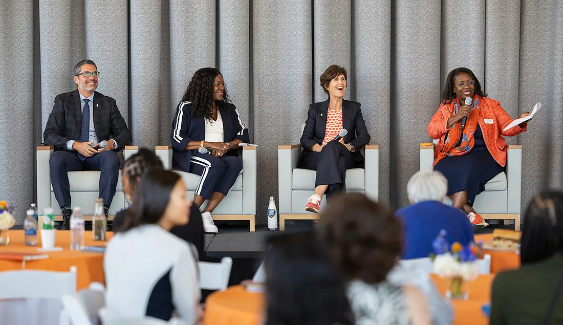 Women in Leadership Sports Leadership panel answering questions.