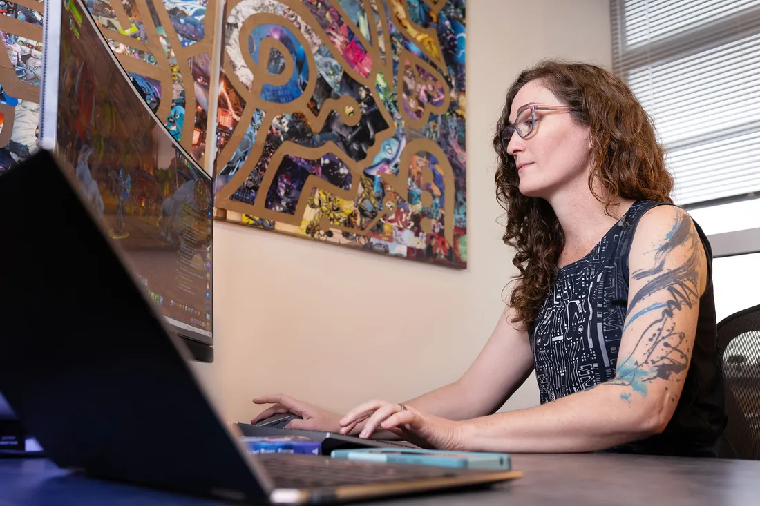 Jaime Banks at her desk.