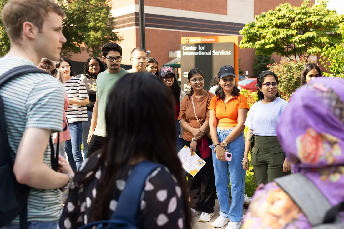 Students in front of the Center for International Services.