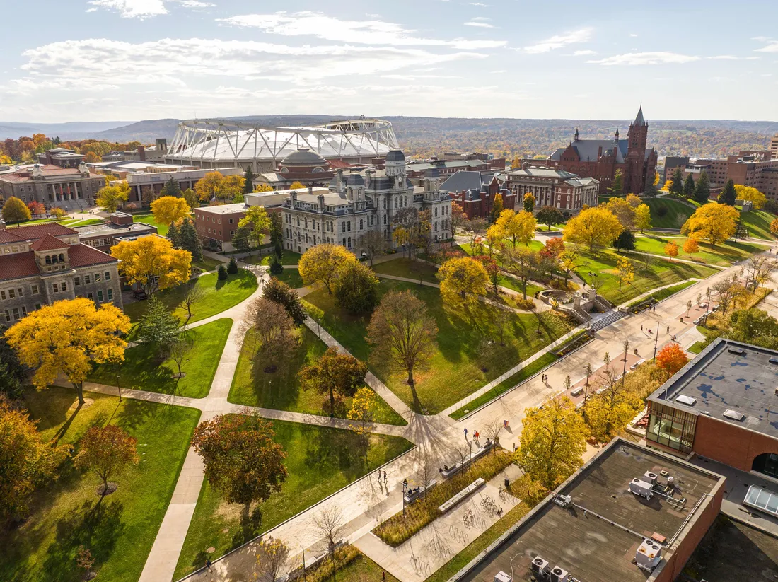 Aerial of campus in the fall.
