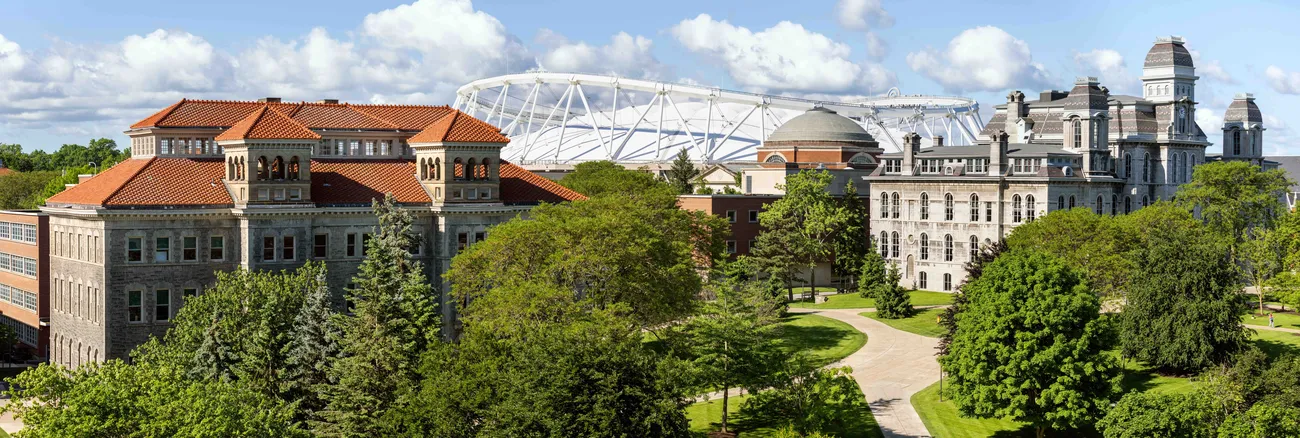 Skyline of campus on a summer day.