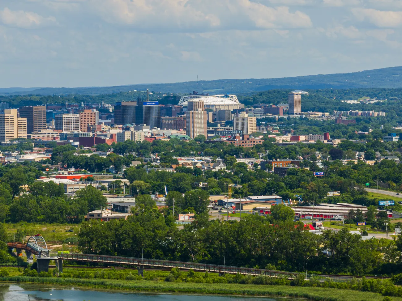 Drone shot overlooking the City of Syracuse.