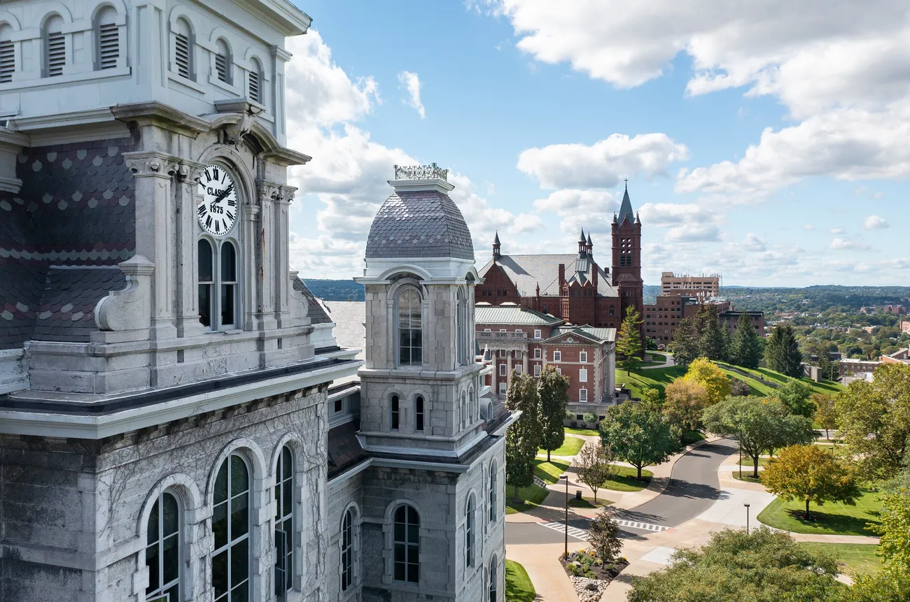 Drone shot of Syracuse University campus.