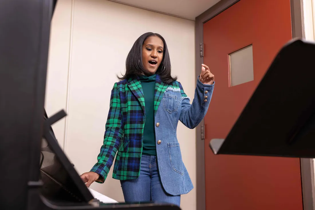 VPA Music student and Our Time Has Come Scholar Gabrielle Pinkney practices her vocal at Crouse College.