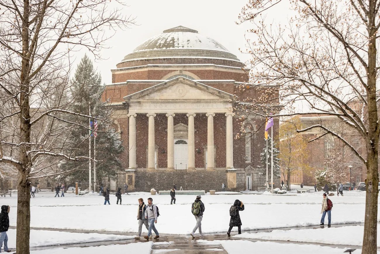 People walking on campus during the winter.