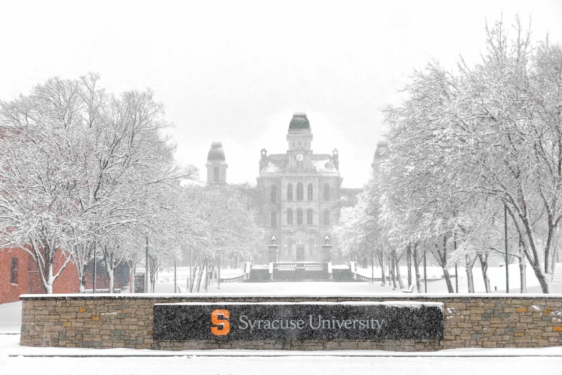 The exterior of the Hall of Languages during the winter.